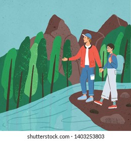 Young man and woman standing at river and holding hands. Cute couple travelling together through wild forest. Pair of tourists hiking or backpacking in woods. Flat cartoon colored vector illustration.