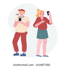 Young Man and Woman Standing with Smartphones, Girl Make Selfie, Boy Have Love Chatting. Teenagers Using Smart Phones, Reading News and Texting Messages to Friends. Cartoon Flat Vector Illustration