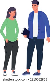 Young man and woman standing. Students talking isolated on white background