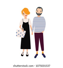 Young man and woman standing together and holding hands. Beautiful couple in love. Cute male and female cartoon characters dressed in trendy clothes. Colorful vector illustration in flat style