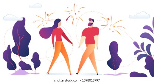 Young Man and Woman Standing Together Outdoors on Nature Landscape Background with Fireworks in Sky. Cute Happy Couple Having Romantic Dating, Human Relations, Love. Cartoon Flat Vector Illustration