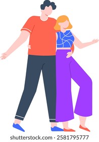 Young man and woman are standing together with arms around each other, gesturing with open hands and smiling, suggesting a welcoming or inviting attitude