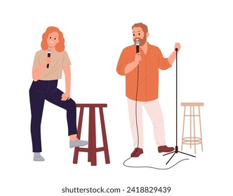 Young man and woman standup artist cartoon character telling jokes in microphone performing on stage