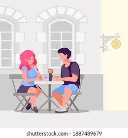 A young man and a woman in a street cafe. Vector illustration in flat style.