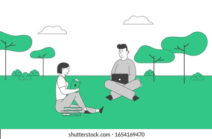 Young Man and Woman Students Study Outdoors on Nature Background. Girl Sitting with Book in Hands, Boy Work on Laptop. Education in University or College. Cartoon Flat Vector Illustration Linear