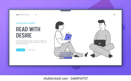 Young Man and Woman Students Study Website Landing Page. Girl Sit with Book in Hands, Boy Work on Laptop. Education in University or College Web Page Banner. Cartoon Flat Vector Illustration, Line Art