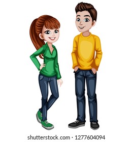 Young Man and Woman in Stylish Clothes Cartoon Illustration. Handsome Guy and a Beautiful Girl Wearing Yellow T-shirt, Green Shirt and Jeans. Cute Couple Isolated on a White Background