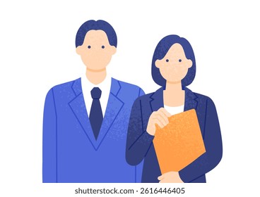 Young man and woman in suits. Vector illustration of a business person.
