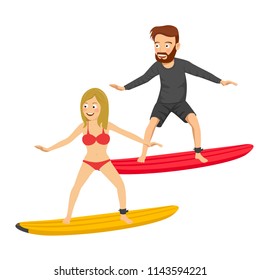 Young man and woman surfing