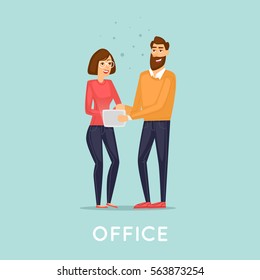 Young man and woman with the tablet, business. Flat vector illustration in cartoon style.