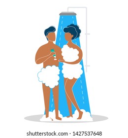 Young man and woman take shower in the bathroom. African american couple standing under the water. Everyday routine and hygiene. Isolated flat vector illustration