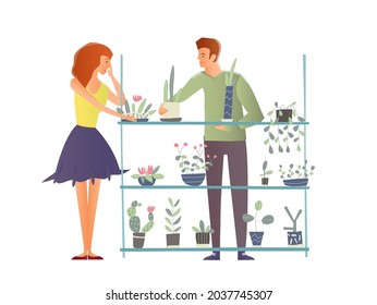 Young man and woman takes care of houseplants. Caring for indoor plants, hobby. A florist and a customer in a flower shop. Vector illustration.