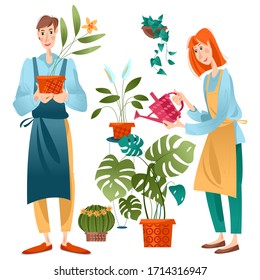 Young man and woman taking care of indoor plants. Vector illustration