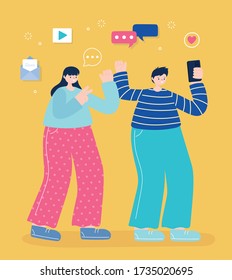 young man and woman taking photo with smartphone vector illustration