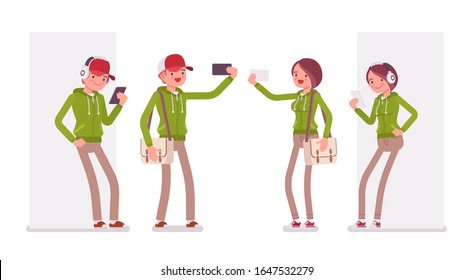Young man, woman taking self portraits, listening in headphones, wearing hoodie jacket. Cute smart people in casual green hoody, youth fashion hooded sweatshirt. Vector flat style cartoon illustration