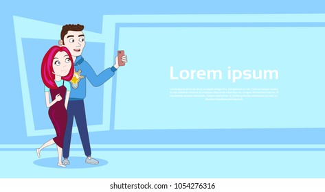 Young Man And Woman Taking Selfie Photo On Smart Phone Together Over Background With Copy Space