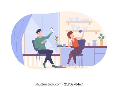 Young man and woman taking selfie at phones. Couple sitting at table in kitchen, cafe or restaurant, drinking tea and using gadgets. People having romantic date or spend leisure time flat vector