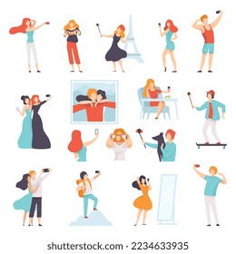 Young Man and Woman Taking Selfie with Smartphone Camera Big Vector Set