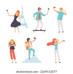 Young Man and Woman Taking Selfie with Smartphone Camera Vector Set