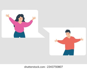 Young man and woman talk via online messages. Happy people or couple inside speech bubbles chatting to each other. Conversation between friends or family through internet. Concept of communication.