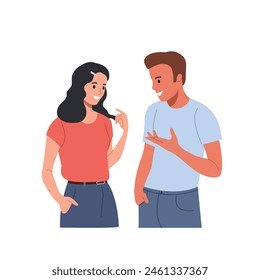 Hombre y mujer joven hablando, coqueteando, susurrando secretos, contando noticias. Ilustración vectorial de dibujos animados de estilo plano.