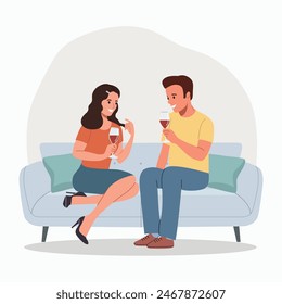 Young man and woman talking, flirting, whispering secrets, telling news with glasses of wine on the sofa. Flat style cartoon vector illustration. 