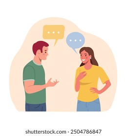 Young man and woman talking, gossiping, whispering secrets, telling news. Flat style cartoon vector illustration.