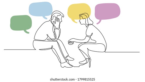 young man and woman talking having conversation with speech bubbles