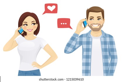 Young man and woman talking on phone vector illustration