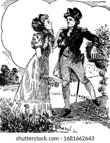 A young man and young woman are talking, She kept her hand on his shoulder, vintage line drawing or engraving illustration