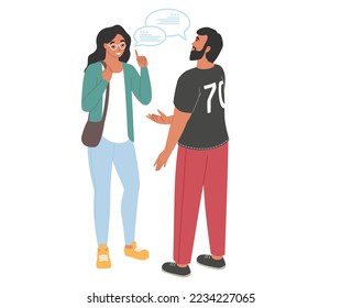 Young man and woman talking together vector. Diverse friends standing enjoy positive communication nice dialogue. Two people character meeting and speaking illustration