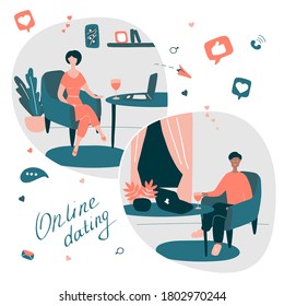 Young man and woman talks online from their homes in different countries. Couple met on dating site. Online relationships, communication with foreigners, international marriages. Online dates concept