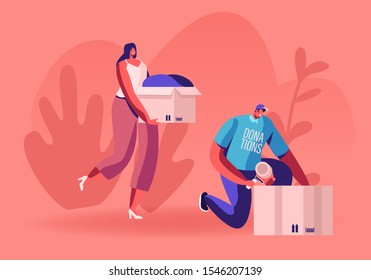 Young Man and Woman Teamworking Caring Altruistic Volunteers Collecting Clothes to Cardboard Boxes for Donation to Poor Homeless People in Complicated Life Situation. Cartoon Flat Vector Illustration