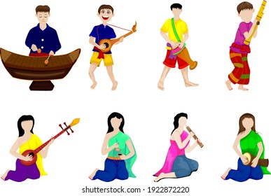 young man and woman with thai instrument vector design