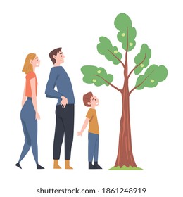 Young Man and Woman with Their Kid Watching Growing Tree Vector Illustration