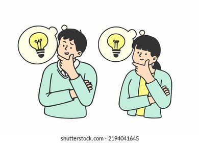 Young man and woman thinking good ideas. hand drawn style vector doodle design illustrations.