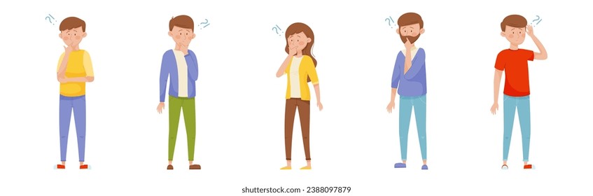 Young Man and Woman Thinking Standing with Puzzled Face and Question Mark Vector Set