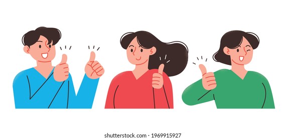A young man and woman with thumbs up. Business person upper body illustration.