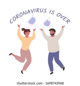 Young man and woman tossing their medical masks and jumping for joy. "Coronavirus is over" lettering. Vector hand drawn character illustration. Pandemic end concept.