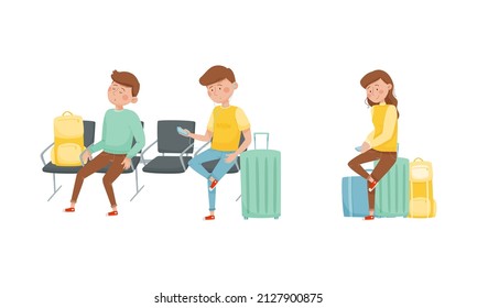 Young Man and Woman Tourist with Luggage Sitting in the Airport Waiting for Flight Travelling on Vacation Vector Set