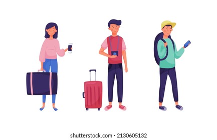 Young Man and Woman Tourist with Luggage Engaged in Travelling on Vacation Vector Set