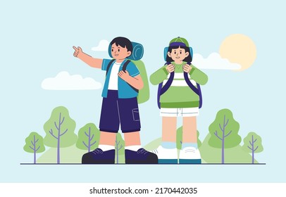 Young man and woman tourist, traveler couple looking map find destination near road signs in cartoon character, vector illustration