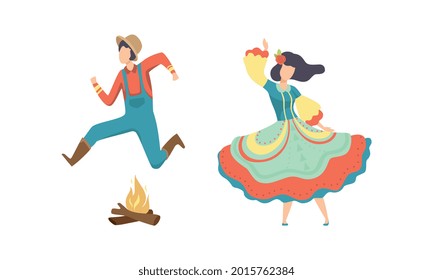Young Man and Woman in Traditional Costumes Dancing at Folklore Brazil June Festival, Festa Junina Cartoon Vector Illustration