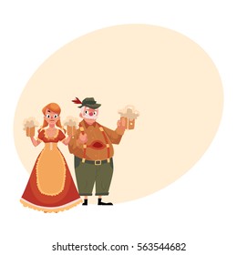 Young man and woman in traditional German, Bavarian, Austrian Oktoberfest costume holding beer mugs, cartoon vector illustration with place for text. German couple in traditional costume