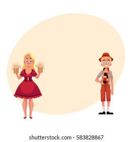 Young man and woman in traditional German, Bavarian, Austrian Oktoberfest costume holding beer mugs, cartoon vector illustration with place for text. German couple in traditional costume