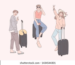 Young man and woman traveler with carrier. Hand drawn figures vector illustration EPS10