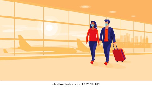 Young man and woman traveler wearing face masks with luggage walking at airport gate terminal lounge traveling during pandemic outbreak. Airplanes behind the glass window. New normal holiday vacation.