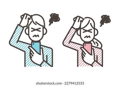 Young man and woman with troubled expressions on their faces looking at a smartphone [Vector illustration].