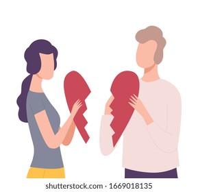 Young Man and Woman Trying to Connect Pieces Of Broken Heart, People Trying to Save Love and Friendship Flat Vector Illustration