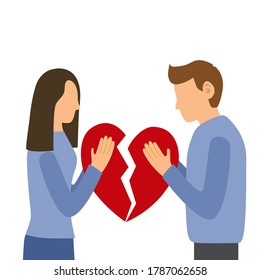 Young man and woman trying to connect pieces of broken heart. People trying to save love and friendship in flat design on white background.